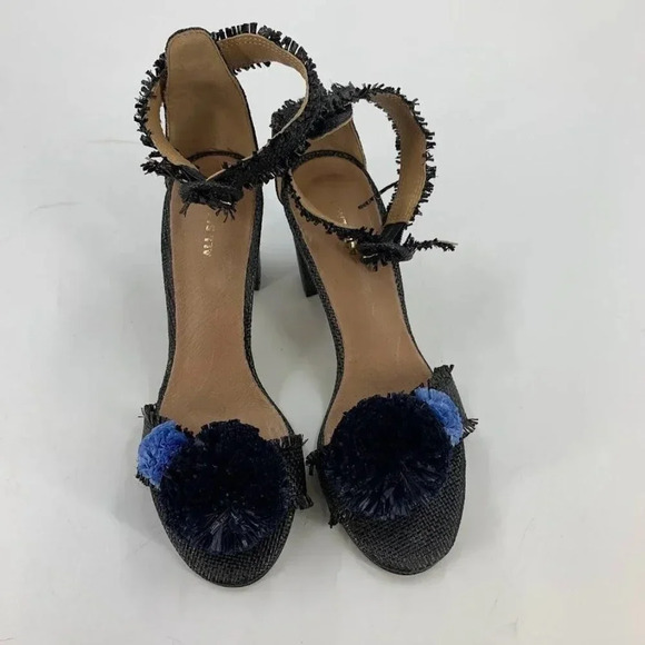 All Black Open-toe Raffia Fringe Pompom Block Heels Ankle Strap Sandals Size 7.5 - Picture 14 of 15